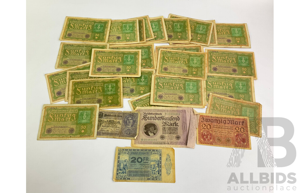 Collection of German Reichsbank Notes Including Twenty Six Notes June 1919 Fifty Mark, February 1918 Twenty Mark, August 1917 Five Mark, February 1923 One Hundred Thousand Mark and Luxembourg 1929 Twenty Francs