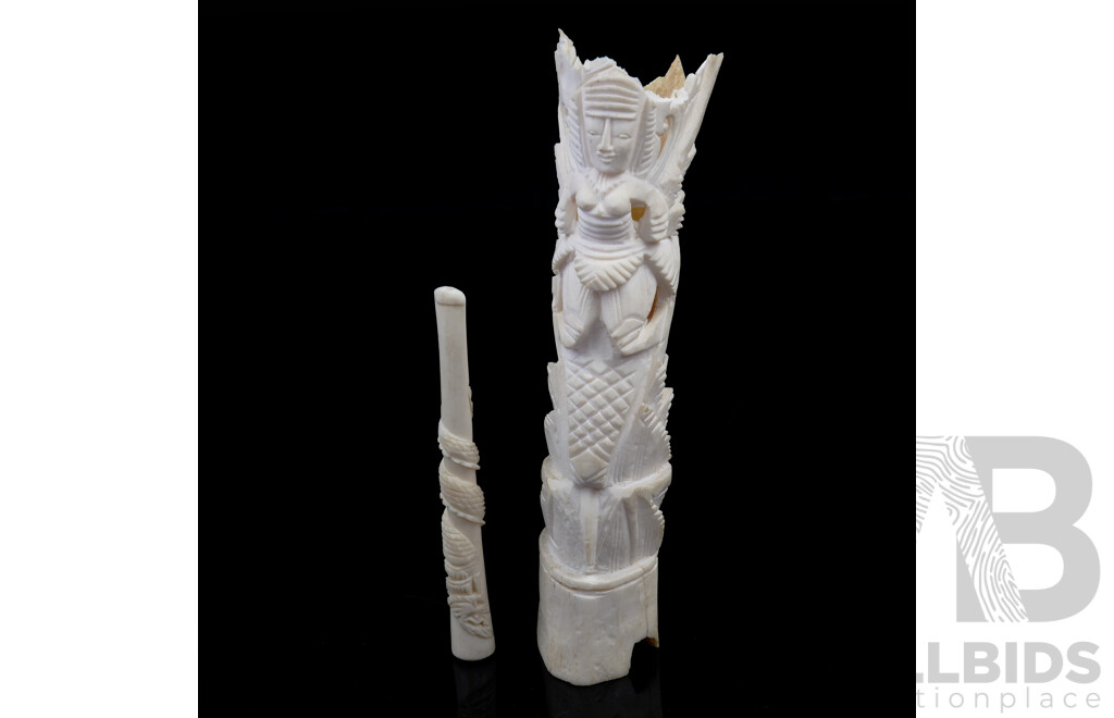 Vintage Hand Carved Ivory Cigarette Holder with Dragon Motif Along with Bone Hollow Carving