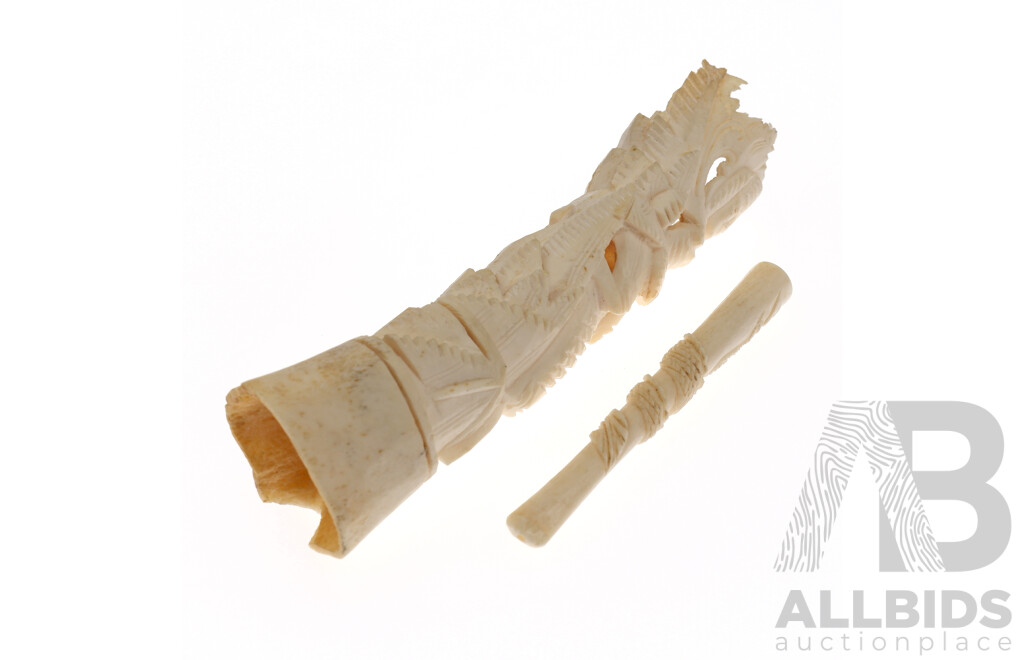 Vintage Hand Carved Ivory Cigarette Holder with Dragon Motif Along with Bone Hollow Carving