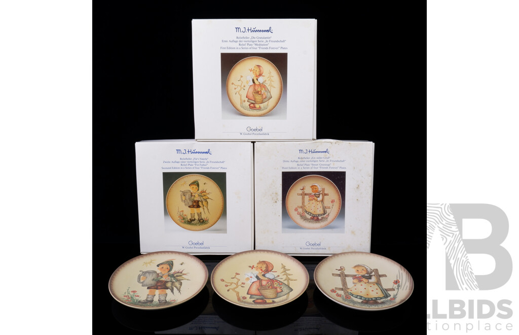 Collection Three Vintage M J Hummel for Goebel Porzellanfabrik Display Plates in the Forever Friends Series in Original Boxes