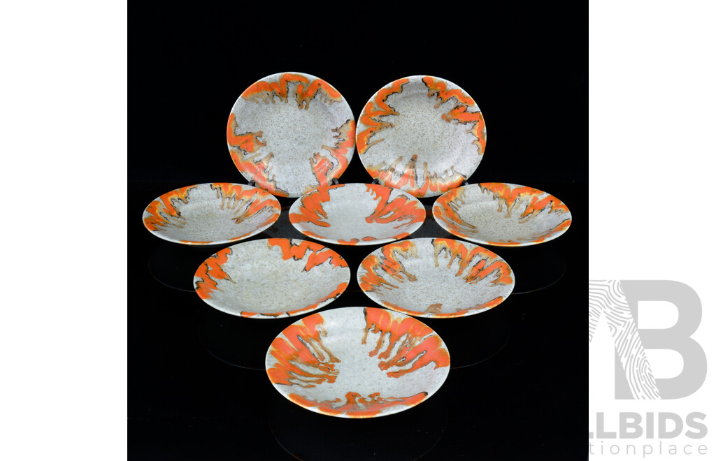 Set Eight Retro Studio Pottery Plates with Drip Lava Glaze