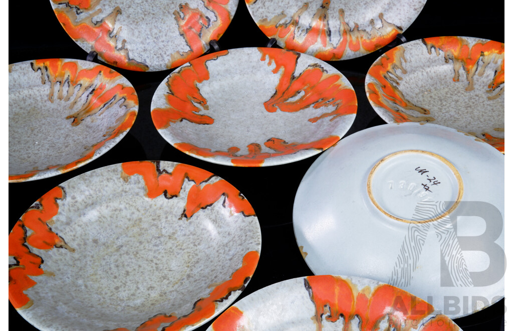 Set Eight Retro Studio Pottery Plates with Drip Lava Glaze