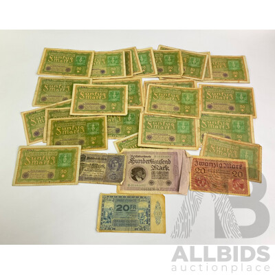 Collection of German Reichsbank Notes Including Twenty Six Notes June 1919 Fifty Mark, February 1918 Twenty Mark, August 1917 Five Mark, February 1923 One Hundred Thousand Mark and Luxembourg 1929 Twenty Francs