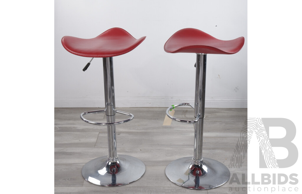 Pair of Chrome and Red Vinyl Barstools