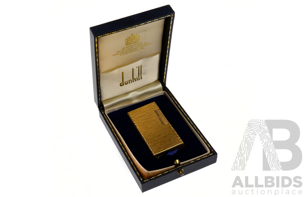 Vintage 1970s Dunhill Rollagas Gold Plated Lighter in Florentine Pattern in Original Box