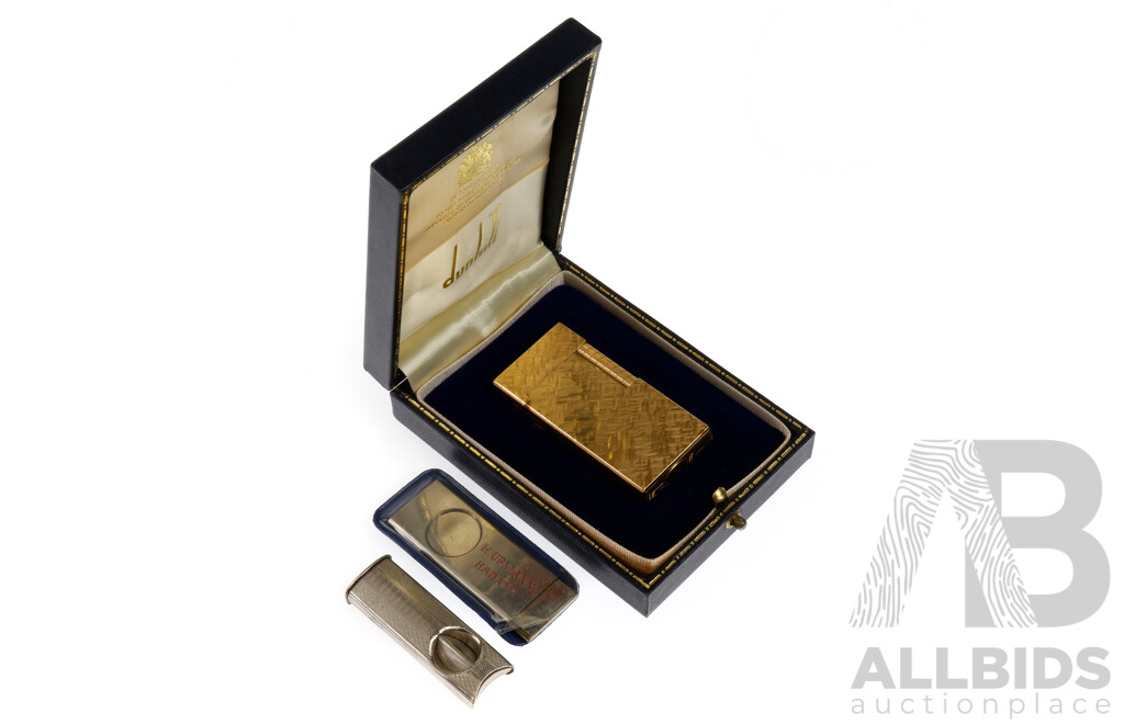 Vintage 1970s Dunhill Rollagas Gold Plated Lighter in Original Box Along with Upmann Habana Cigar Cutter and VIntage Cigarillo Cutter