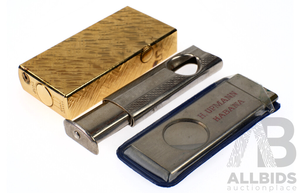 Vintage 1970s Dunhill Rollagas Gold Plated Lighter in Original Box Along with Upmann Habana Cigar Cutter and VIntage Cigarillo Cutter
