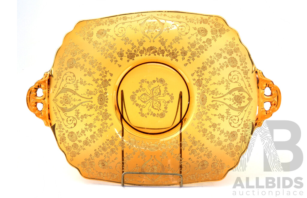 Vintage Pressed Amber Glass Tray with Engraved Gilt Decoration