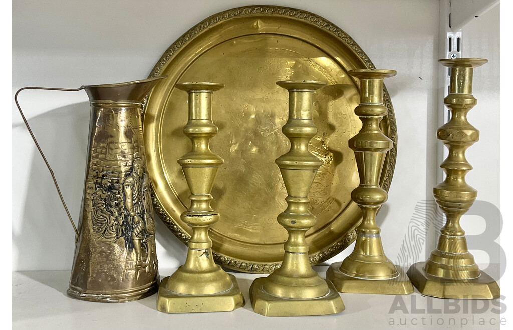 Collection Vintage Brass Comprising Four Brass Candle Holders. Irish Made Brass Elpec Jug and Arts and Crafts Brass Tray with Acorn Detail to Rim