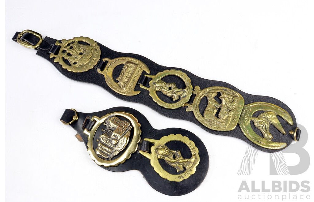 Set Seven Horses Brasses on Two Leather Straps