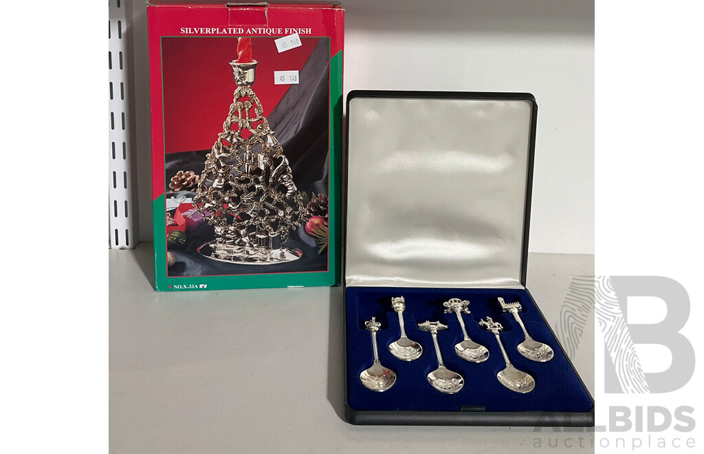 Silverplated Christmas Candle Holder and and London Souvenir Spoons