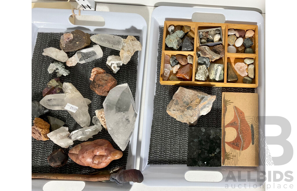 Collection Geological Specimens Including Quartz, Hand Carved Venus of Willendorf Style Stone Figure