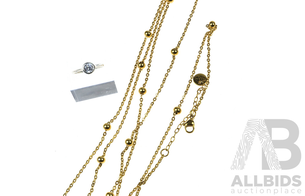 Sterling Silver CZ Bezel Set Ring, Size K, 1.98 Grams & Ellani Stainless Steel Gold Plated Necklace 96cm + 10cm