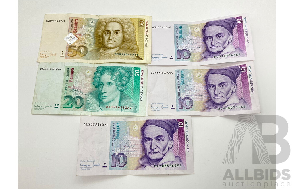 Collection of German Paper Bank Notes, Fifty Mark, Twenty Mark, Ten Mark(3)