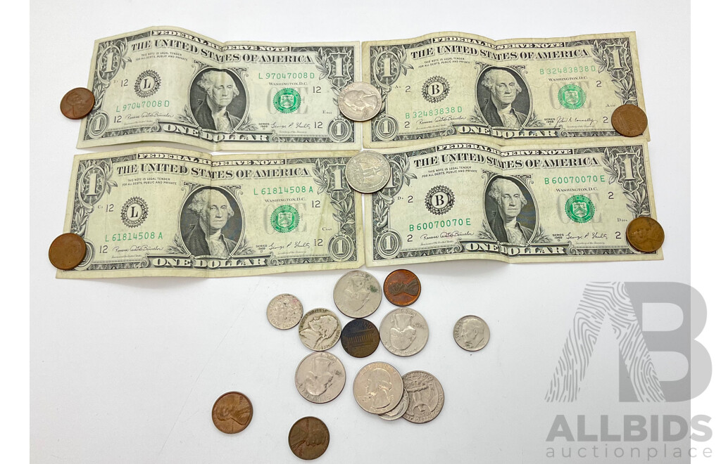 Collection of USA Currency Including Four 1969 One Dollar Notes, Quarters, Dimes, One Cent