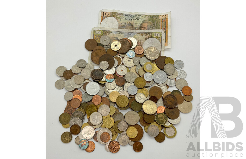 Collection of International Currency Including France, Jersey, Vanuatu, USA, China, Spain, South Africa, Norway, Ceylon, Malta, Portugal, Netherlands, Malayasia, Canada, Chile, Bolivia and More