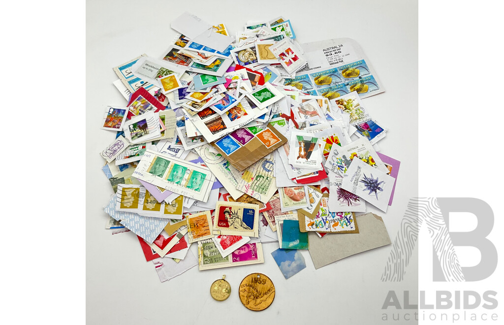 Collection of Australian and International Cancelled Stamps with 1959 St Lawrence Seaway Medallion and Canadian 1972 One Cent Pendant
