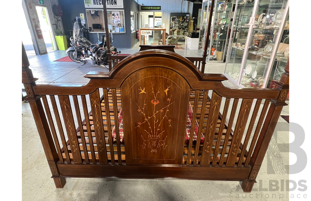 Edwardian Teak Four Poster Bedframe with Delicate String Inlay