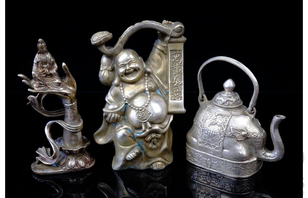 Collection Three Chinese Metal Pieces Comprising Elephant Teapot with Auspicious Bat Motif, Buddha with Scroll Statue and Another Example