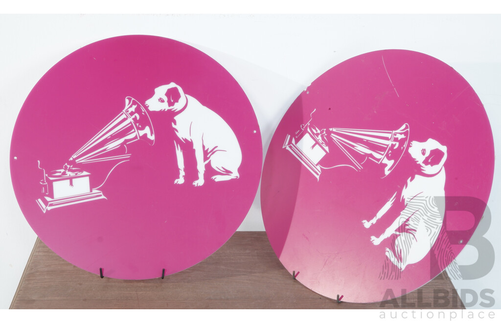 Two His Masters Voice Round Perspex Signs