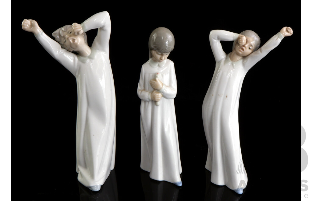 Three Nao Porcelain Figures of Sleepy Children, Marked to Base