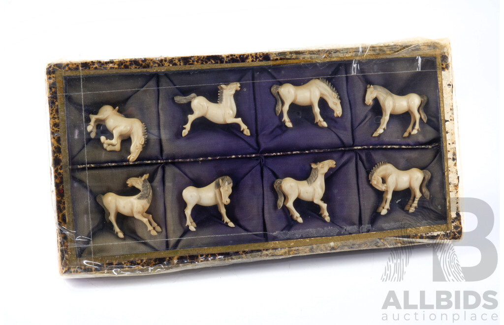 Vintage Set Eight Hand Carved Miniature Ivory Horses in Original Box