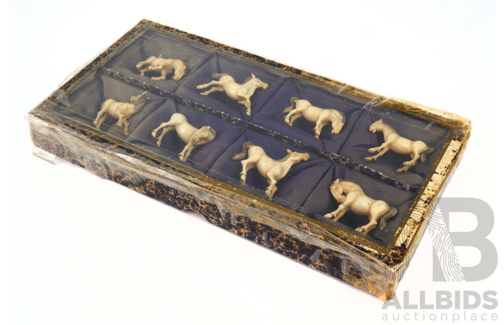 Vintage Set Eight Hand Carved Miniature Ivory Horses in Original Box