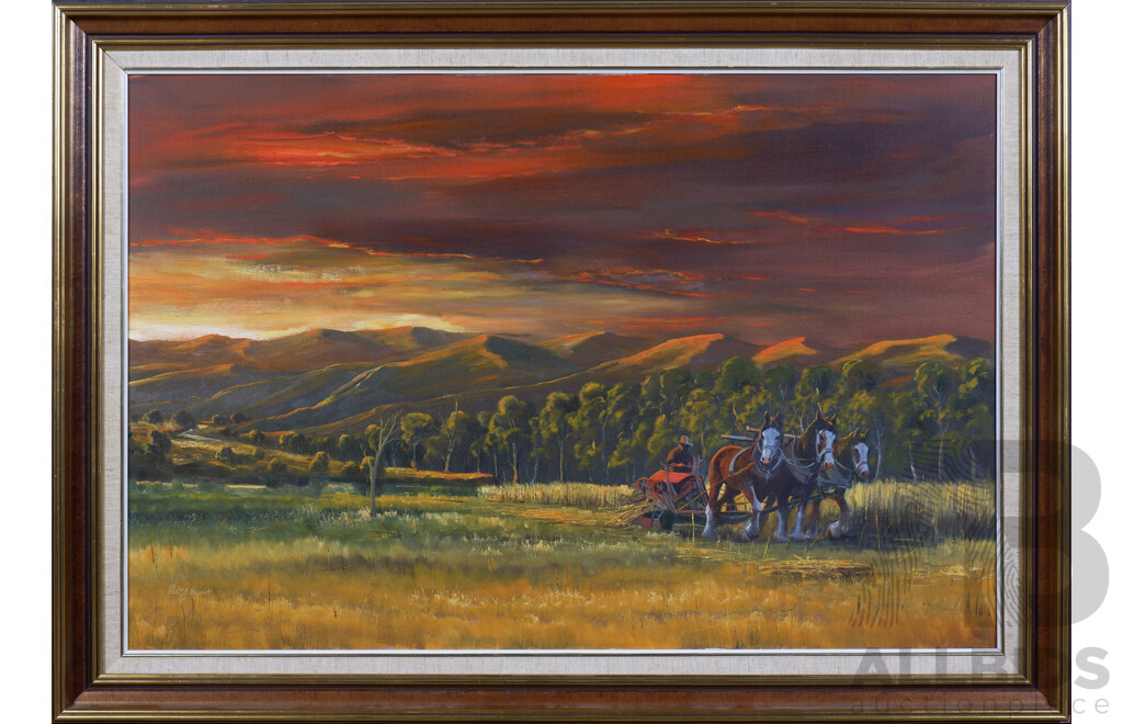 Peter J. Hills, Untitled (Draughthorses Ploughing at Dusk) Acrylic on Canvas