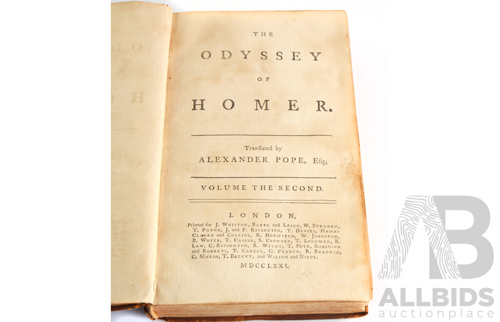 Homers Odyssey Trans a Pope, Volume II, 1771, Leather Bound Hardcover
