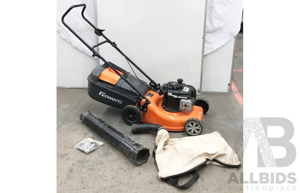 PowerG Petrol Lawn Mower, Maruyama Hand-Held Blower, and Giantz Petrol Chainsaw - Lot of 3