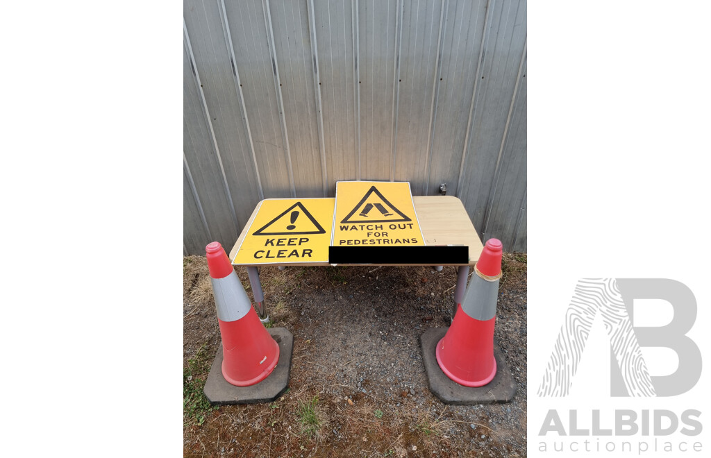 Assorted Safety Signs and Pair of Traffic Cones