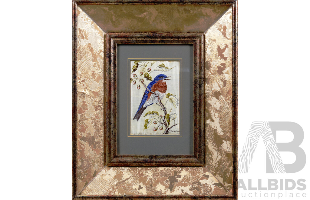 Framed Jacquard Loom Textile, Eastern Bluebird, From the Cash's Collector Range