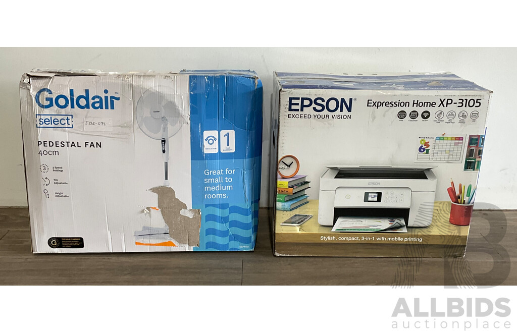 EPSON XP-3105 Printer & GOLDAIR Select Fan - Lot of 2 - Total ORP $159.00