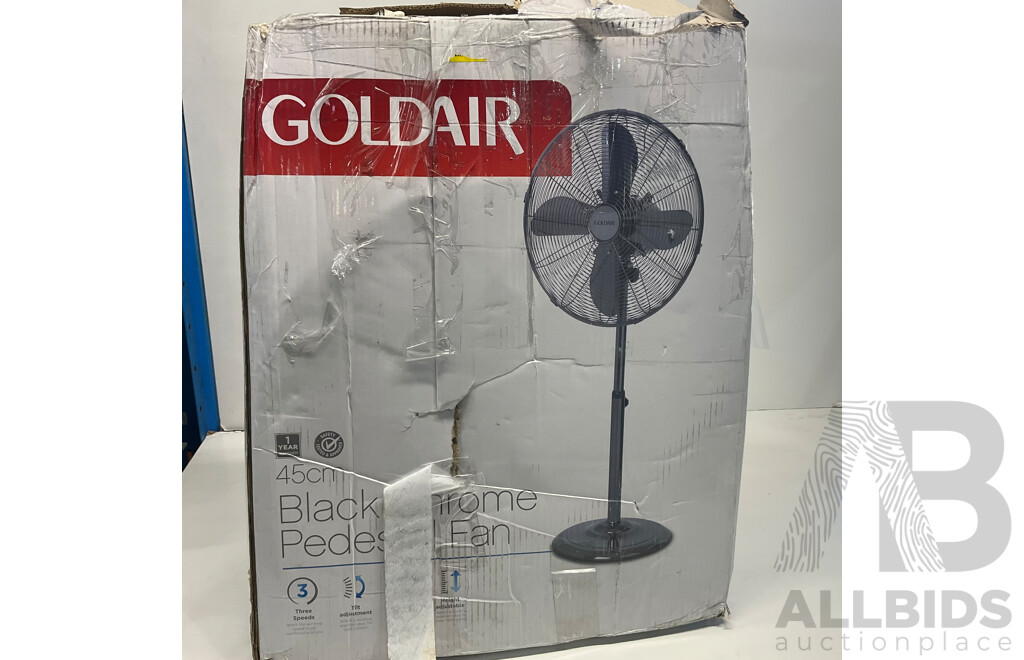 GOLDAIR 40cm Pedestal Floor Fan X2 & 45cm Pedestal Fan (Black) X1 Fan - Lot of 3 - ORP $199.00