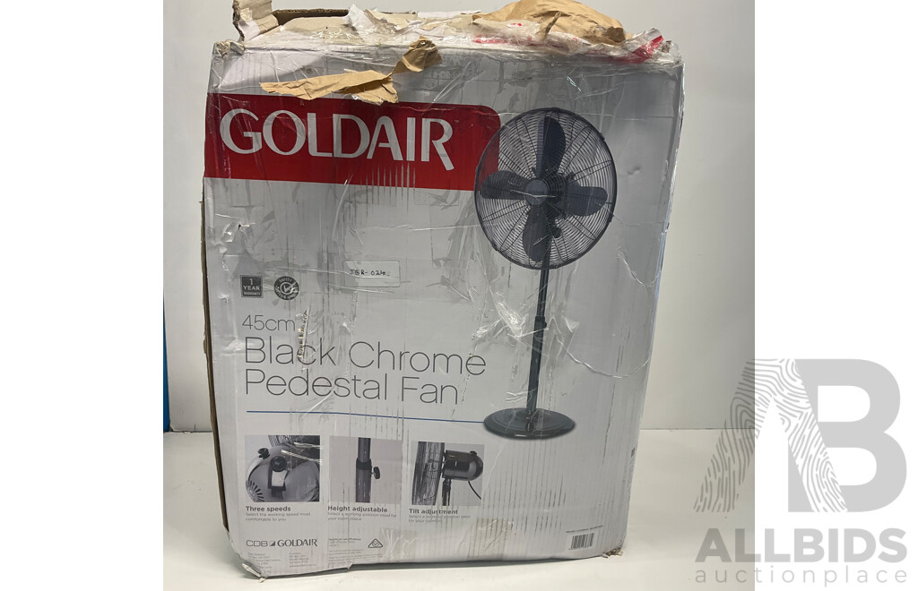 GOLDAIR 40cm Pedestal Floor Fan X2 & 45cm Pedestal Fan (Black) X1 Fan - Lot of 3 - ORP $199.00