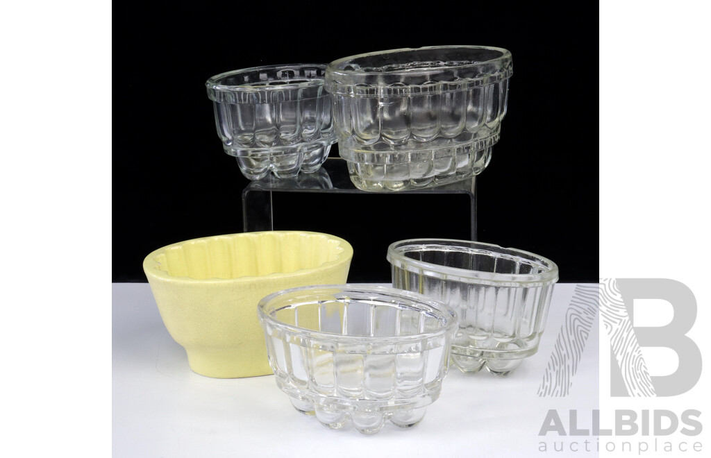 Collection Antique and Vintage Glass and Ceramic Jelly Moulds INcluding Glass Example with Impressed Kookaburra Motif