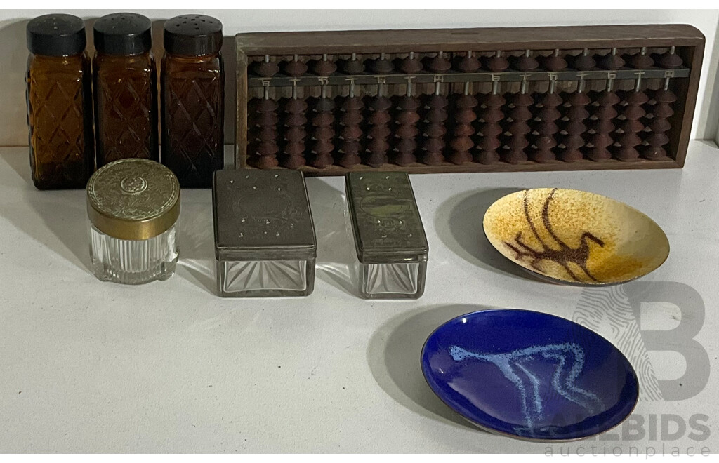 Eclectic Collection Including Two Vinaigrettes with Metal Lids, Chinese Abacus, Two Mid Century Enamel Pin Dishes and More