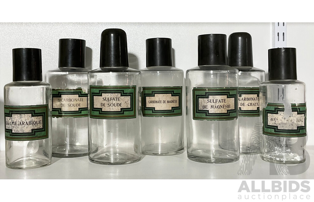 Collection Vintage Chemistry Bottles with Bakelite Lid Covers