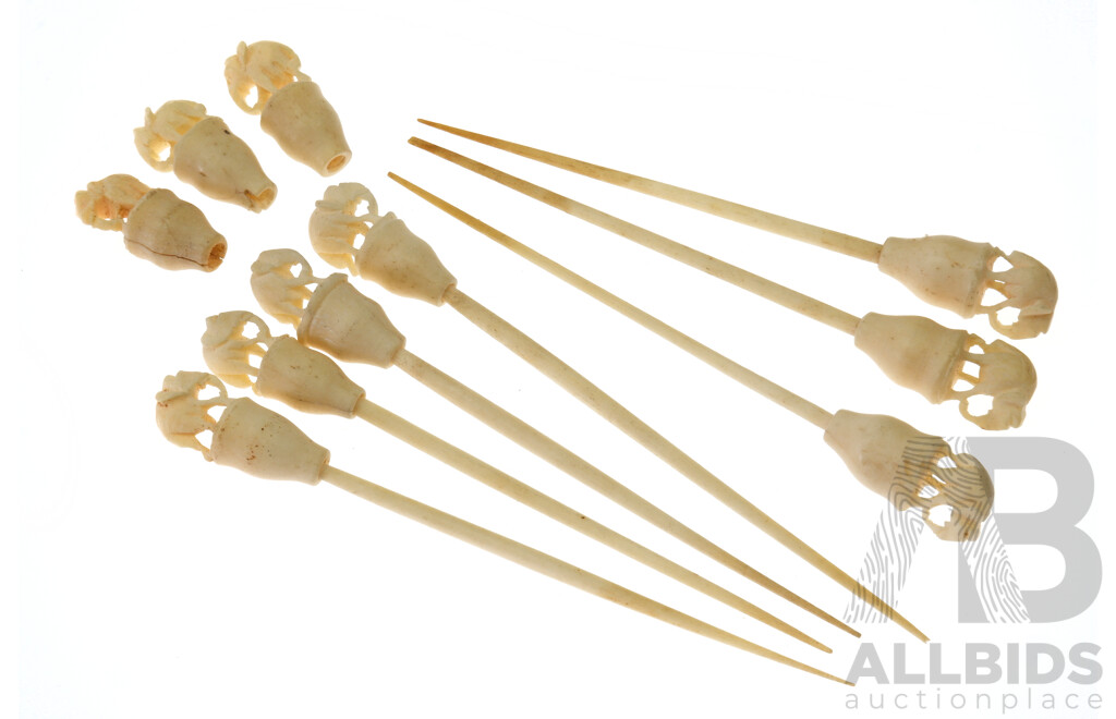 Collection Miniature Ivory Toothpicks with Elephant Finials