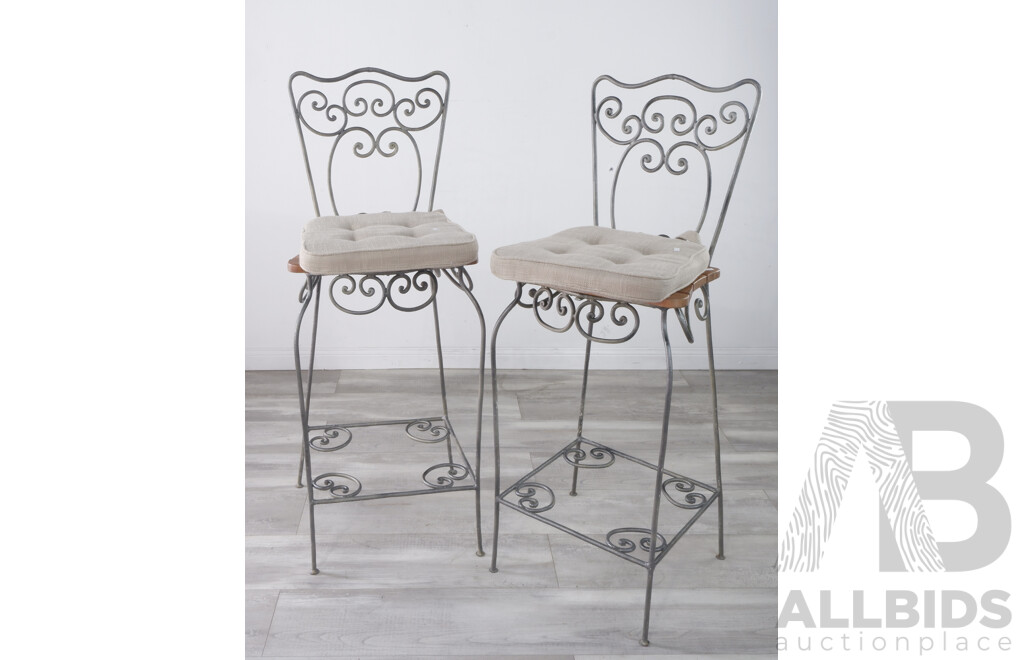 Pair of Heavy Wrought Iron Batstools with Timber Seats