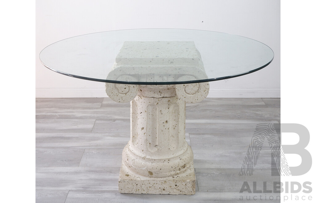Glass Table with Cantera Stone Classical Column Base