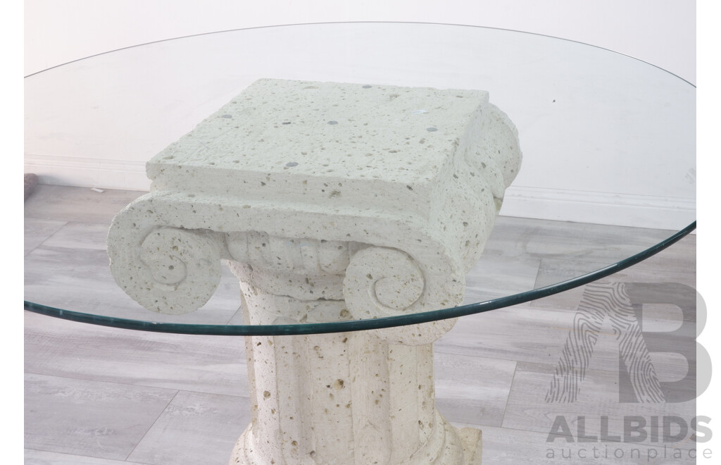 Glass Table with Cantera Stone Classical Column Base