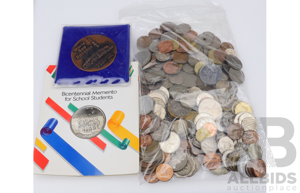 Collection of International Coins Including New Zealand, Canada, USA, Singapore and 1985 Canberra World Cup and Bicentenary Medallions