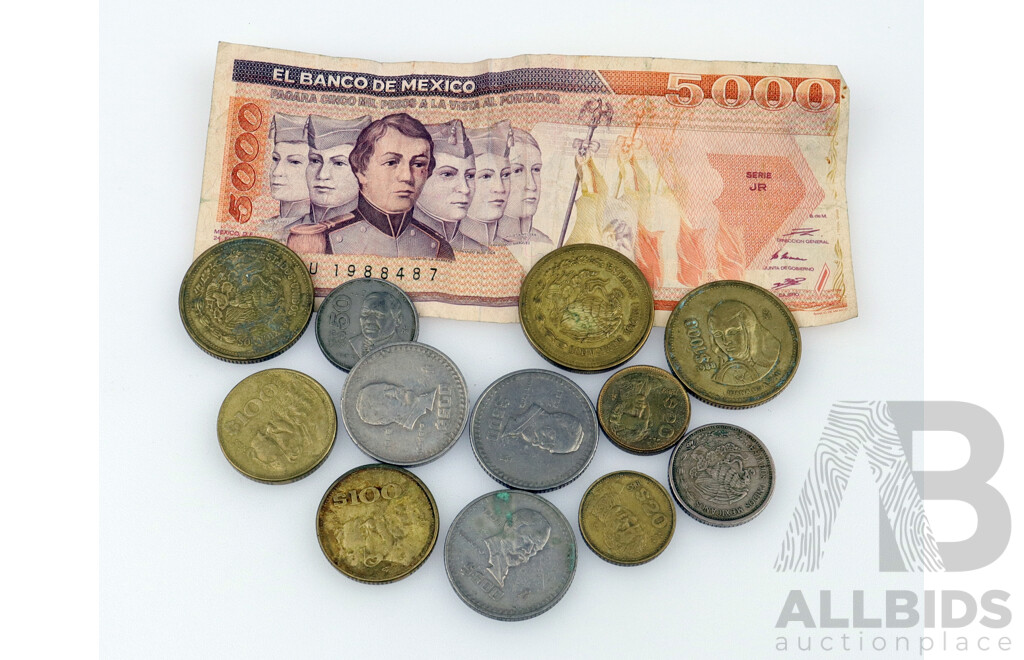 Collection of 1980's Mexican Coins and Note