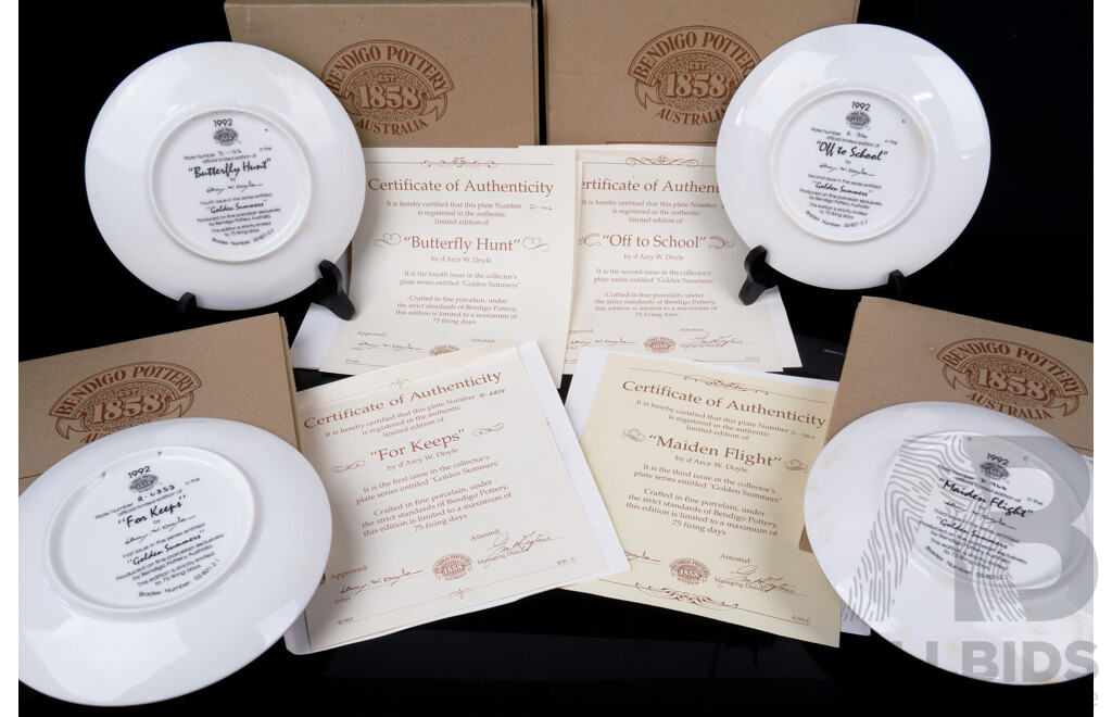 Collection Four Limited Edition Bradex for Bendigo Pottery 1992 D'Arcy Doyle Display Plates with Certificates of Authenticity and in Original Boxes