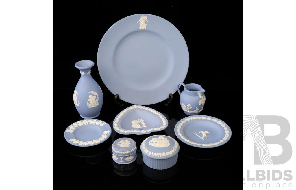 Collection Eight Pieces Wedgwood Jasper Ware Including Vase, Jug Heart Shaped PIn Dish and More