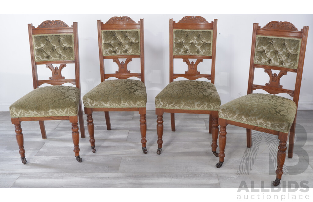 Four Edwardian Dining Chairs with Sage Green Velvet Upholstery