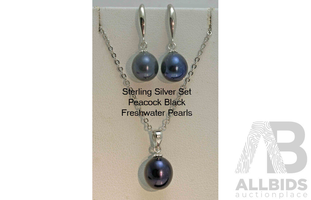 Sterling Silver Black Pearl Pendant & Earring Set