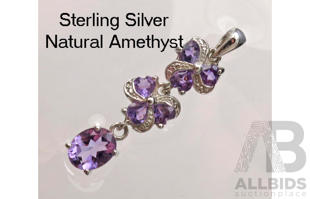 Sterling Silver Pendant - Natural Amethysts
