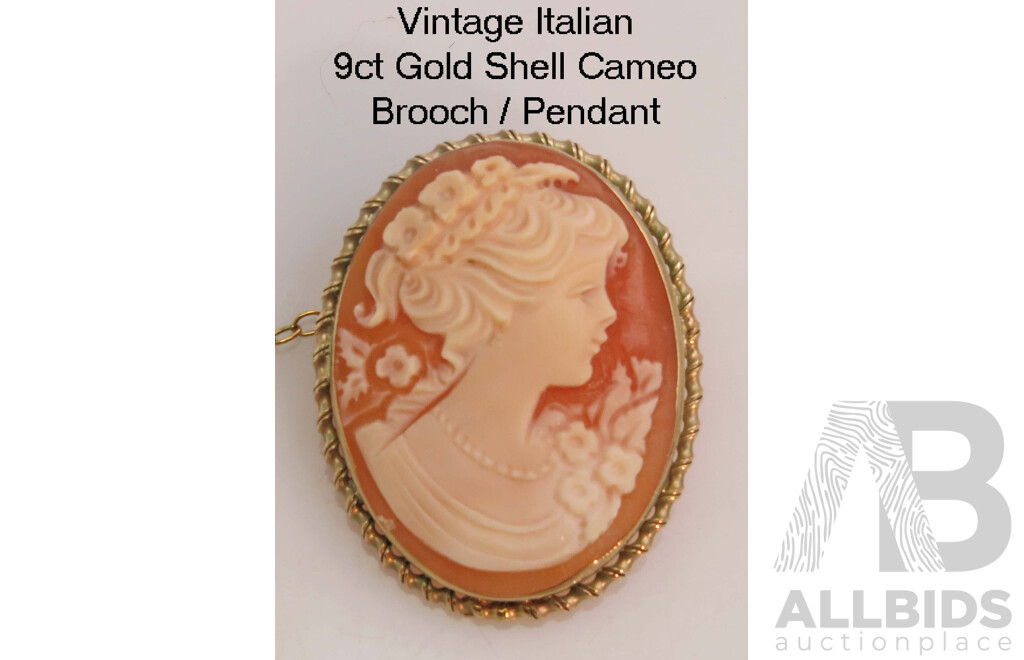 Vintage 9ct Gold Italian Shell Cameo Brooch/Pendant